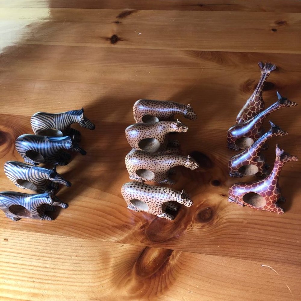 Vintage Hand Carved Wooden African Animal Napkin Ring Holders Kenya Set of 12